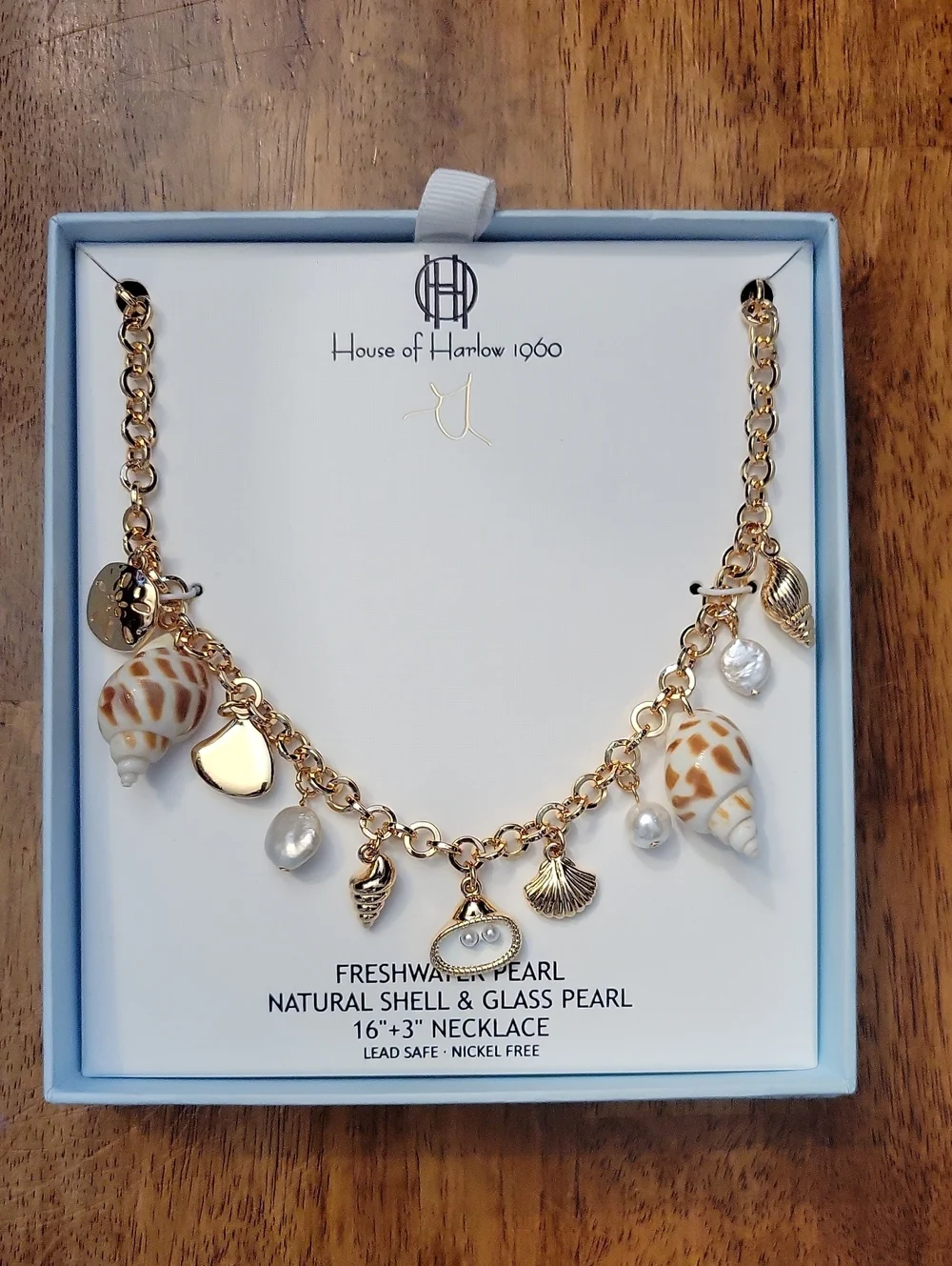 House of Harlow 1960 Gold Shell & Pearl Charm Necklace NWT